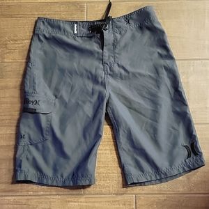 Hurley gray green long shorts black lace-up waist recycled polyester Sz 28 EUC…